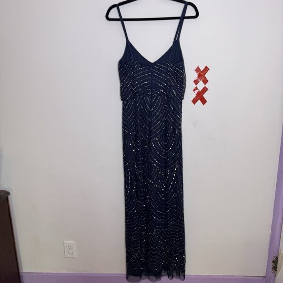 ADRIANNA PAPELL Navy Beaded Gown Embellished Slip Dress Fairy Whimsygoth Mesh 8 - Picture 5 of 8